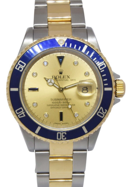 Rolex Submariner 18k Yellow Gold/Steel Serti Diamond Dial Mens Watch F 16613