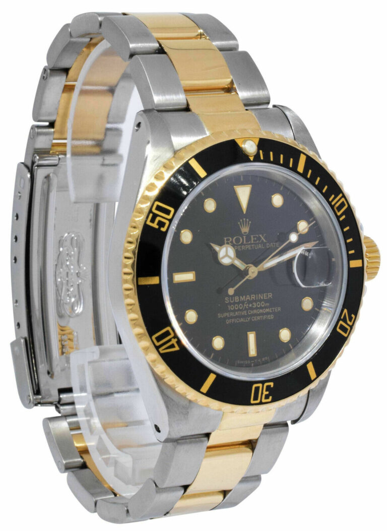 Rolex Submariner Date 18k Yellow Gold/Steel Black Mens 40mm Watch E 16613