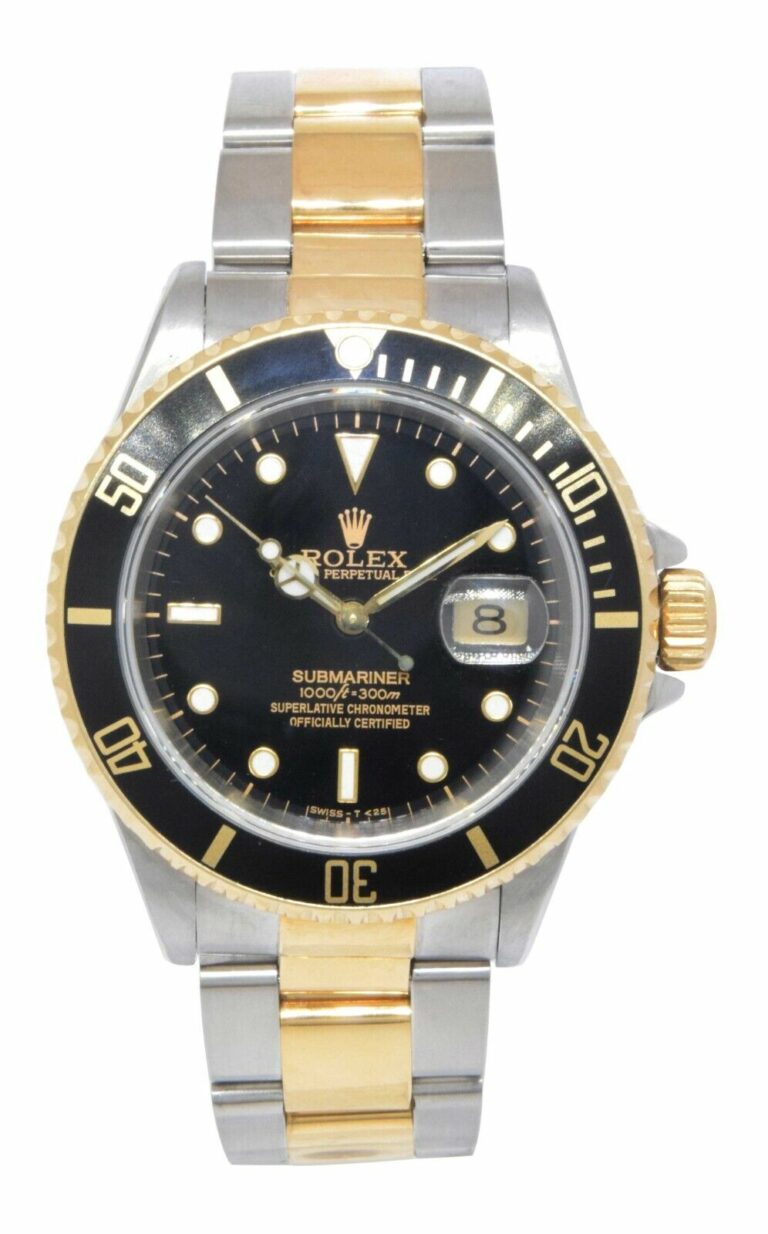 Rolex Submariner Date 18k Yellow Gold/Steel Black Mens 40mm Watch E 16613