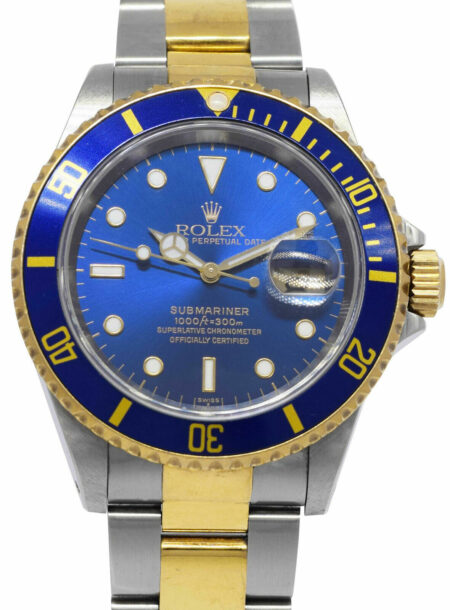 Rolex Submariner Date 18k Yellow Gold/Steel Mens 40mm Blue Watch B/P A 16613