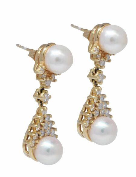 Ladies 14K Gold Cultured Pearl & Diamond Earrings