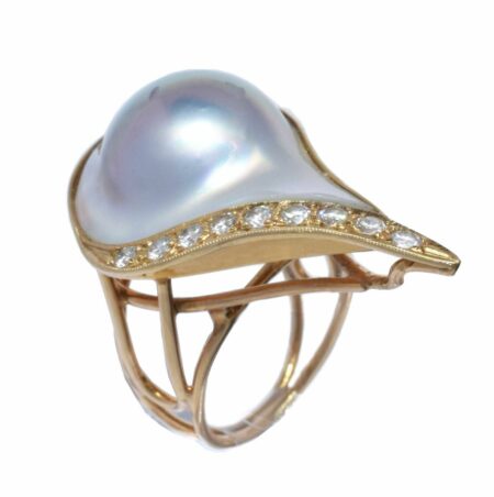 Ladies 14K Gold Diamond 
Grey Blister Pearl Ring 5.25