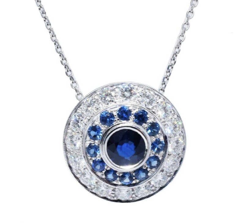 Ladies 14K White Gold Blue Sapphire and Diamond Halo 18'' Necklace 3.50 ct