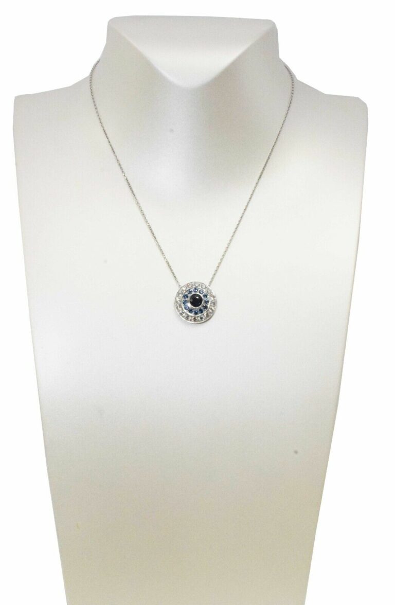 Ladies 14K White Gold Blue Sapphire and Diamond Halo 18'' Necklace 3.50 ct