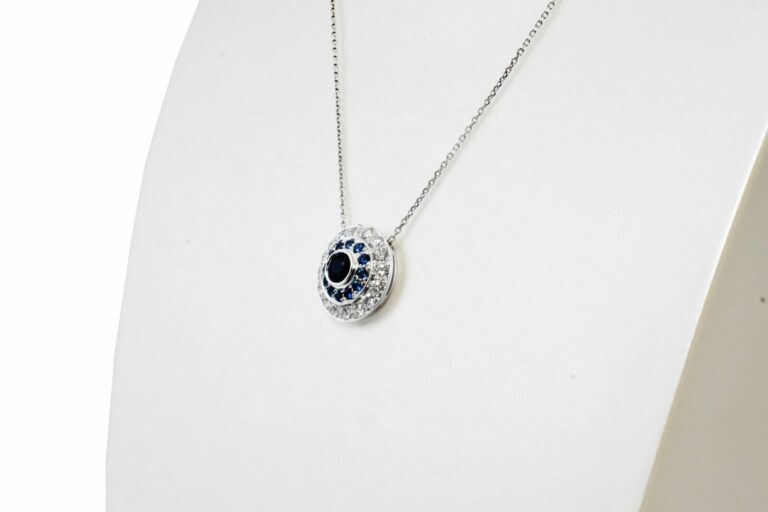 Ladies 14K White Gold Blue Sapphire and Diamond Halo 18'' Necklace 3.50 ct