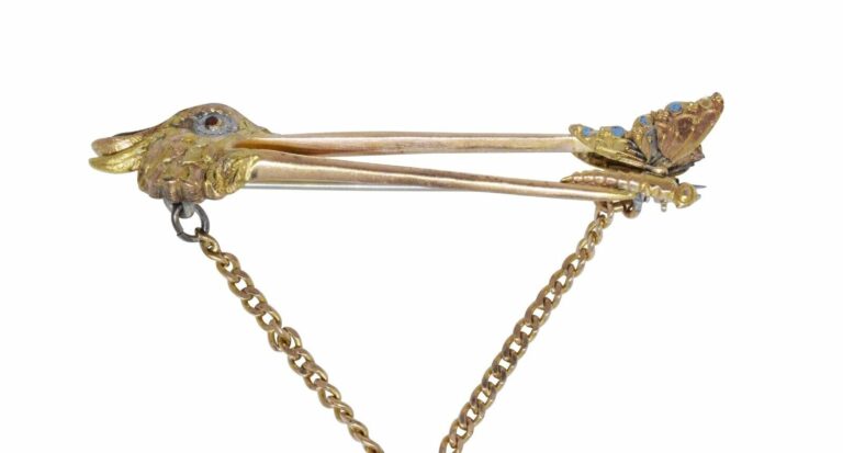 Ladies 14k Yellow Gold Bird Pin w/ 2 Charms