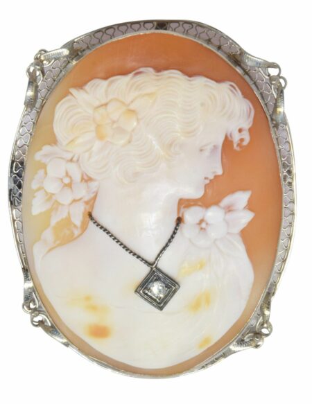 Ladies Cameo Brooch White Gold 
Diamond