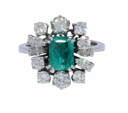 Ladies Diamond & Emerald Ring 18k White Gold Size 6.5