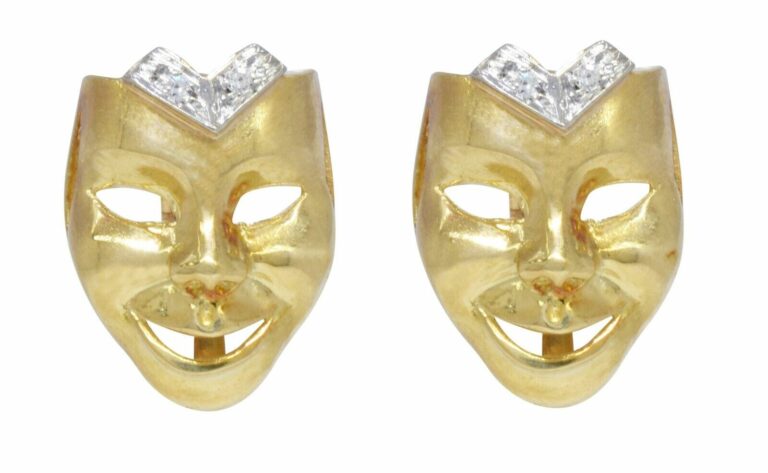 Ladies Diamond Mask Earrings in 18k Yellow Gold