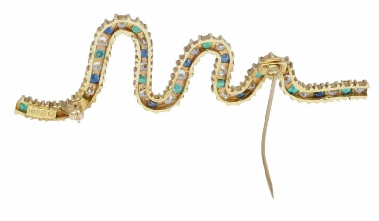 Ladies Diamond, Emerald 
Sapphire 18k Yellow Gold Squiggle Brooch