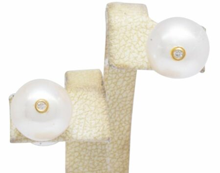 Ladies South Sea Pearl Stud Earrings w/ Bezel Set Diamonds