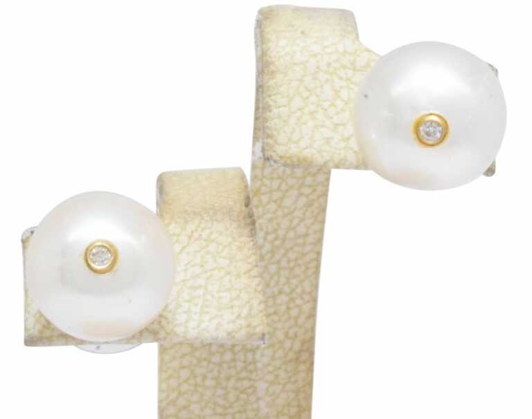 Ladies South Sea Pearl Stud Earrings w/ Bezel Set Diamonds