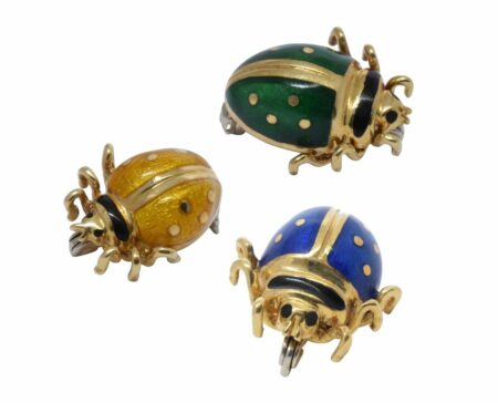 Ladybug 18k Yellow Gold 
Enamel Pin Set of 3 Vibrant Blue/Green/Yellow