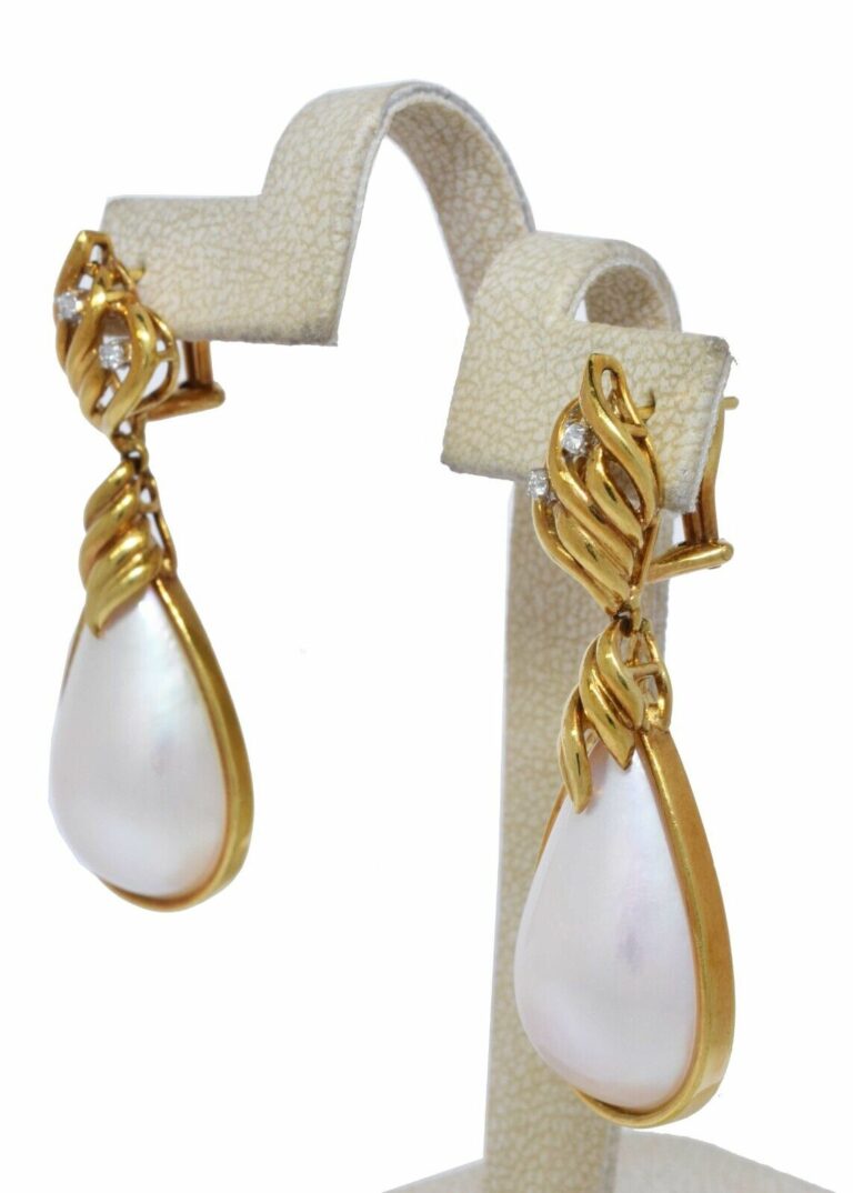 Mabe Pearl 
Diamond 18k Yellow Gold Pear Shape Dangle Earrings