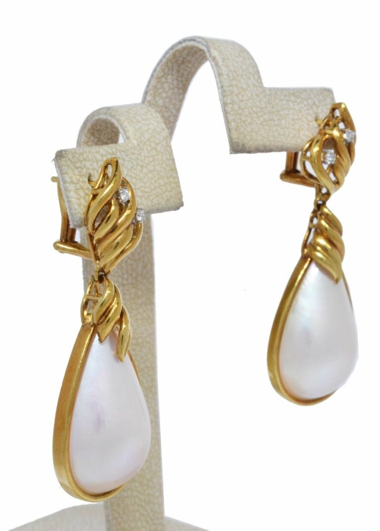 Mabe Pearl 
Diamond 18k Yellow Gold Pear Shape Dangle Earrings