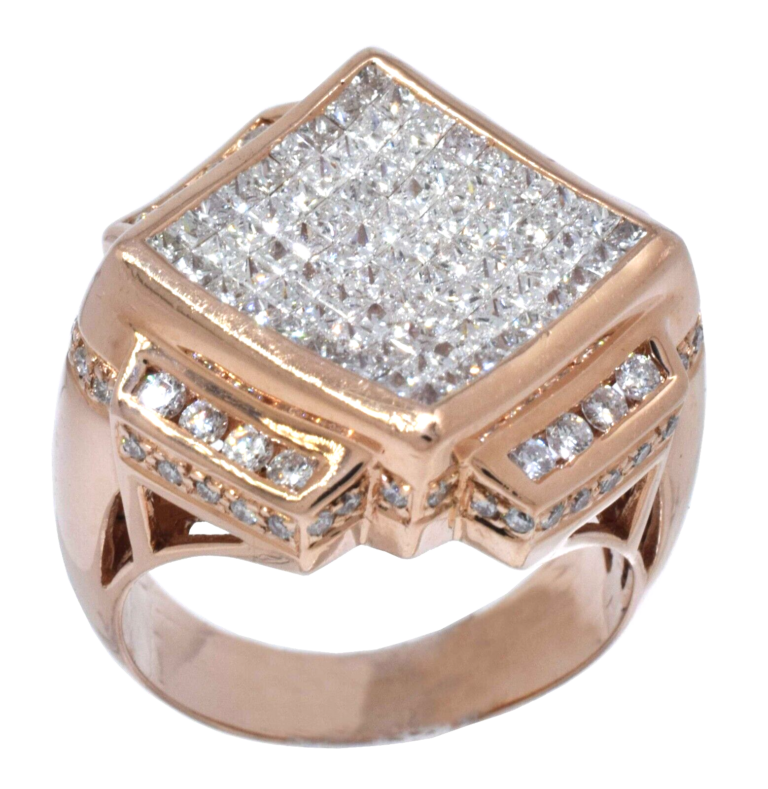 Mens 14k Rose Gold Ring Princes Cut Invisible Set 3.59 CT. Diamond Size 11 US