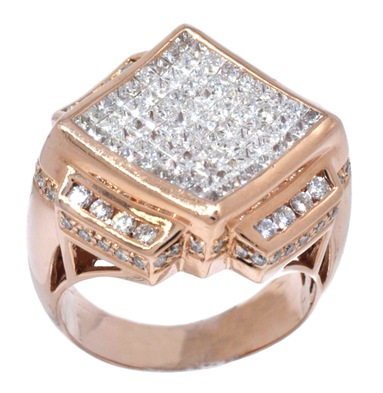 Mens 14k Rose Gold Ring Princes Cut Invisible Set 3.59 CT. Diamond Size 11 US