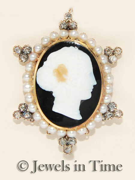 Old Mine Cut Diamonds 
Pearls 14k Yellow Gold Cameo Brooch