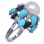 Pearl 
Diamond 
Sapphire 
Turquoise Ring in 18k White Gold Ladies 6.5