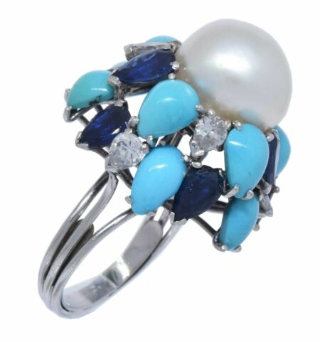 Pearl 
Diamond 
Sapphire 
Turquoise Ring in 18k White Gold Ladies 6.5