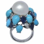 Pearl 
Diamond 
Sapphire 
Turquoise Ring in 18k White Gold Ladies 6.5