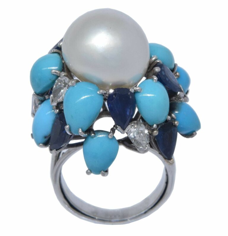 Pearl 
Diamond 
Sapphire 
Turquoise Ring in 18k White Gold Ladies 6.5