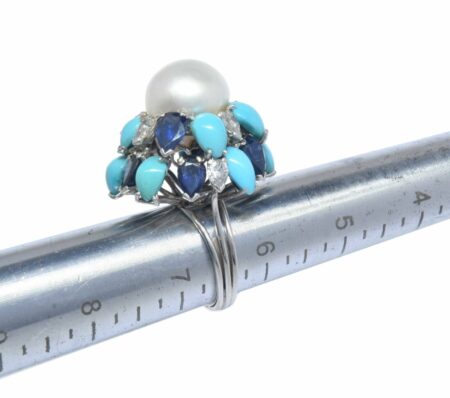 Pearl & Diamond & Sapphire & Turquoise Ring in 18k White Gold Ladies 6.5