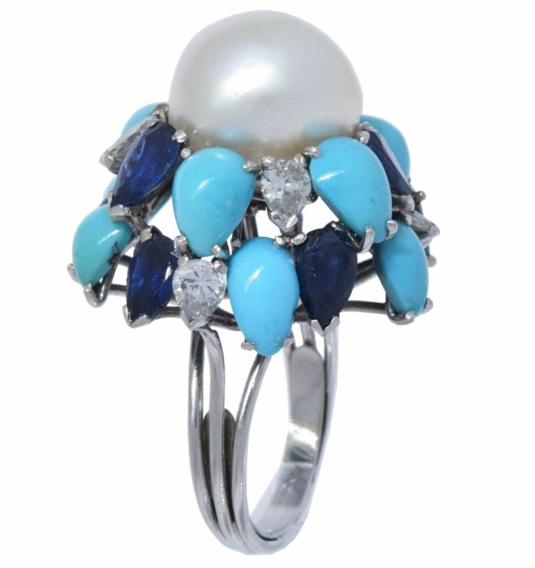 Pearl 
Diamond 
Sapphire 
Turquoise Ring in 18k White Gold Ladies 6.5