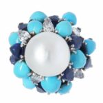 Pearl 
Diamond 
Sapphire 
Turquoise Ring in 18k White Gold Ladies 6.5