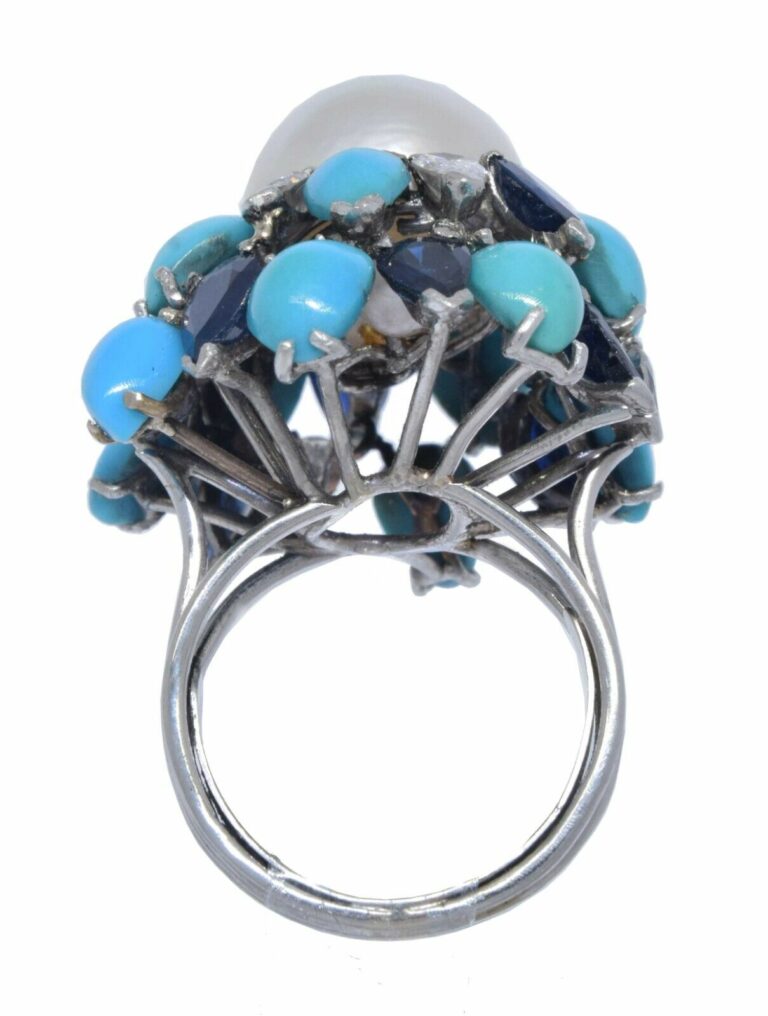 Pearl 
Diamond 
Sapphire 
Turquoise Ring in 18k White Gold Ladies 6.5