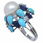 Pearl 
Diamond 
Sapphire 
Turquoise Ring in 18k White Gold Ladies 6.5