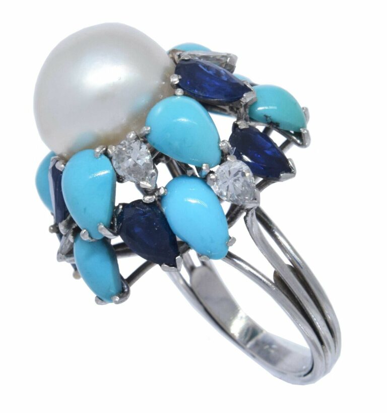 Pearl 
Diamond 
Sapphire 
Turquoise Ring in 18k White Gold Ladies 6.5