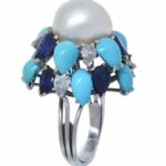 Pearl 
Diamond 
Sapphire 
Turquoise Ring in 18k White Gold Ladies 6.5