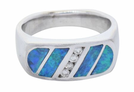 Ring Mens 14k White Gold Diamond & Opal Size: 8.5