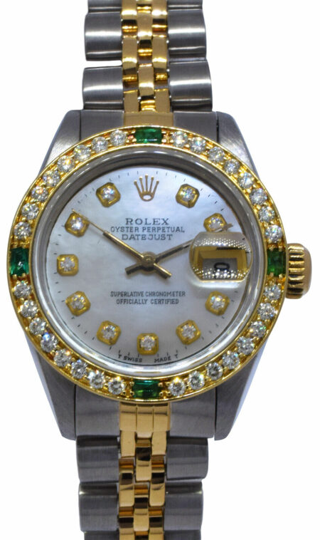 Rolex Datejust 18k Yellow Gold/Steel MOP Diamond/Emerald Ladies 26mm Watch 69173