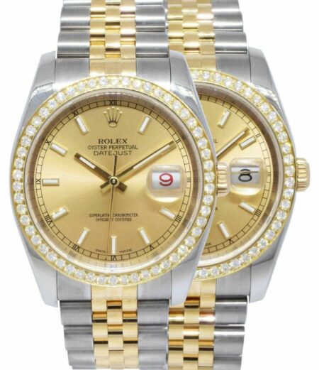 Rolex Datejust 18k YG/Steel Champagne Dial Diamond Bezel Mens Watch D 116233