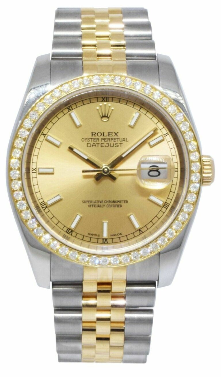 Rolex Datejust 18k YG/Steel Champagne Dial Diamond Bezel Mens Watch D 116233