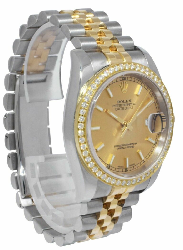 Rolex Datejust 18k YG/Steel Champagne Dial Diamond Bezel Mens Watch D 116233