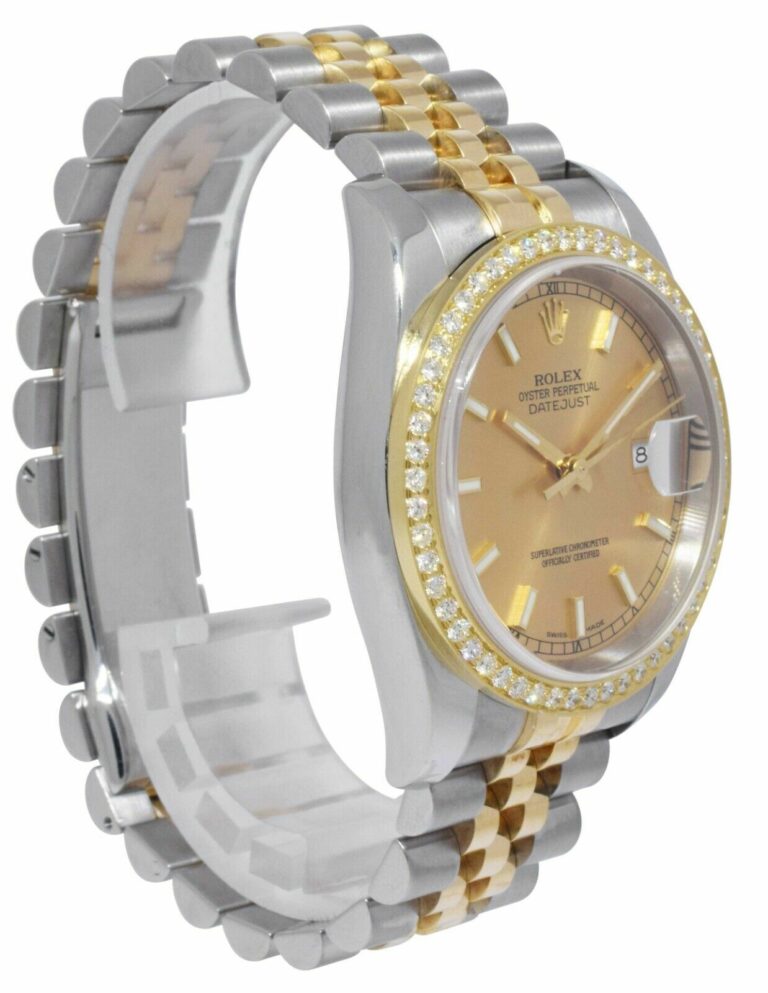 Rolex Datejust 18k YG/Steel Champagne Dial Diamond Bezel Mens Watch D 116233