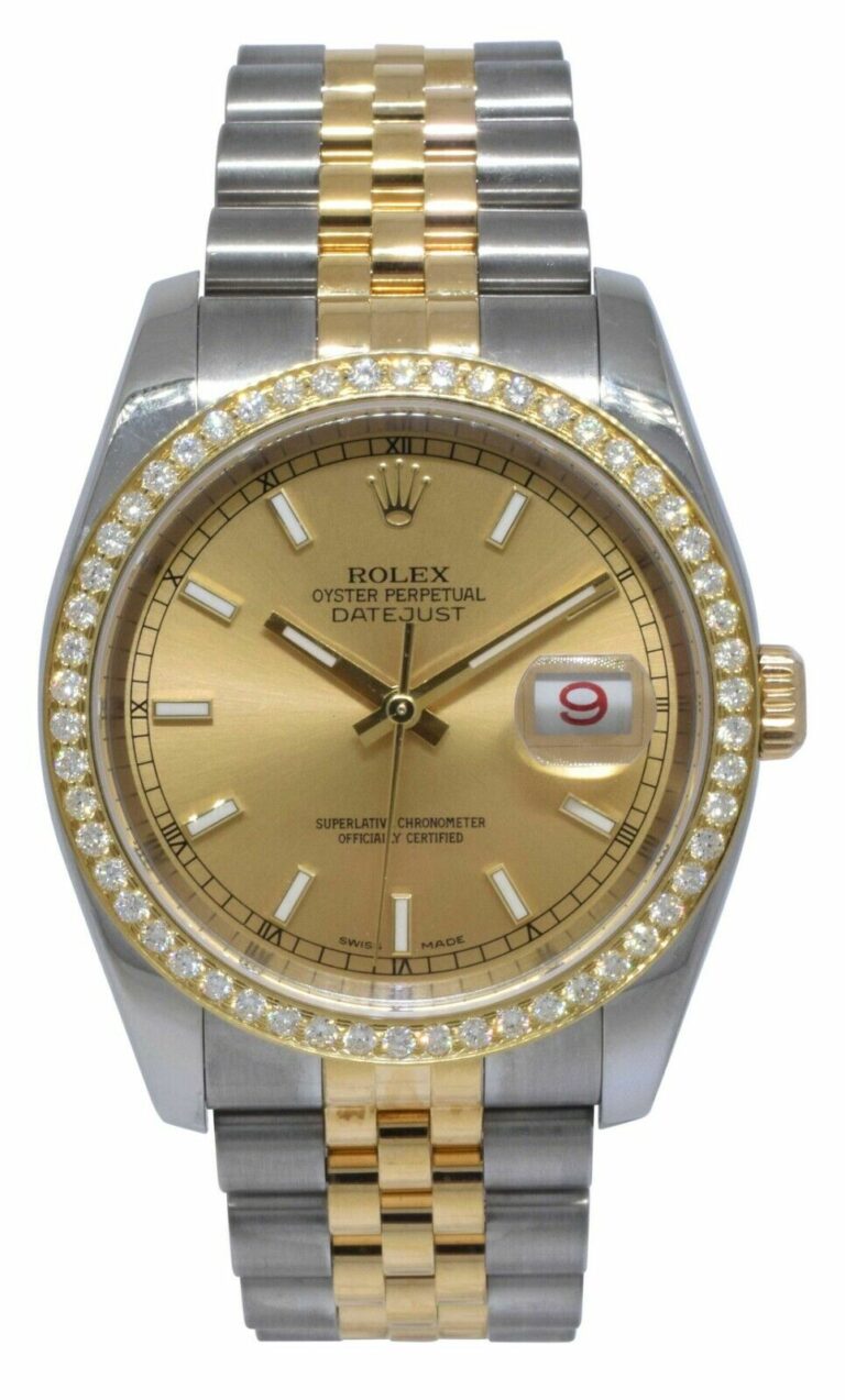 Rolex Datejust 18k YG/Steel Champagne Dial Diamond Bezel Mens Watch D 116233