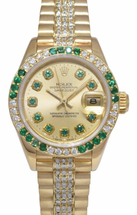 Rolex Datejust President 18k Yellow Gold Diamond/Emerald Ladies 26mm Watch 69178