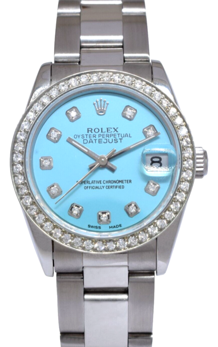 Rolex Datejust Steel Turquoise Diamond Dial/Bezel Ladies 31mm Oyster Watch 68240