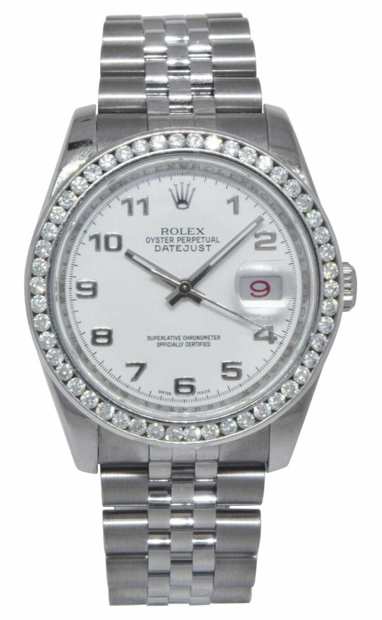 Rolex Datejust Steel White Dial 
Diamond Bezel Roulette Date 36mm Watch 116200