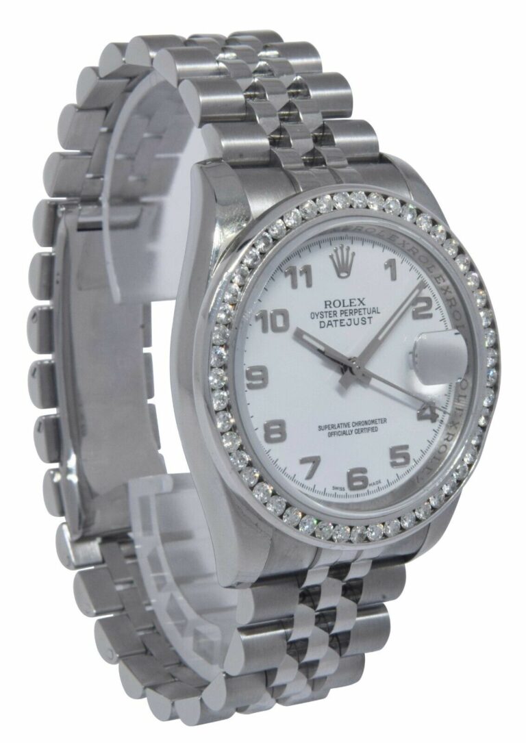 Rolex Datejust Steel White Dial 
Diamond Bezel Roulette Date 36mm Watch 116200