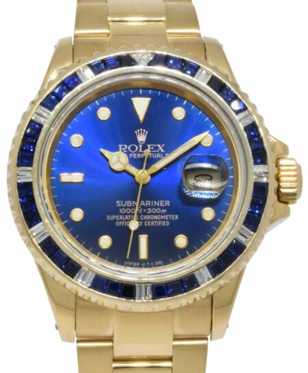 Rolex Submariner Date 18k Yellow Gold Blue Sapphire/Diamond 40mm Watch 16808