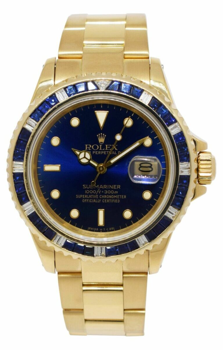 Rolex Submariner Date 18k Yellow Gold Blue Sapphire/Diamond 40mm Watch 16808