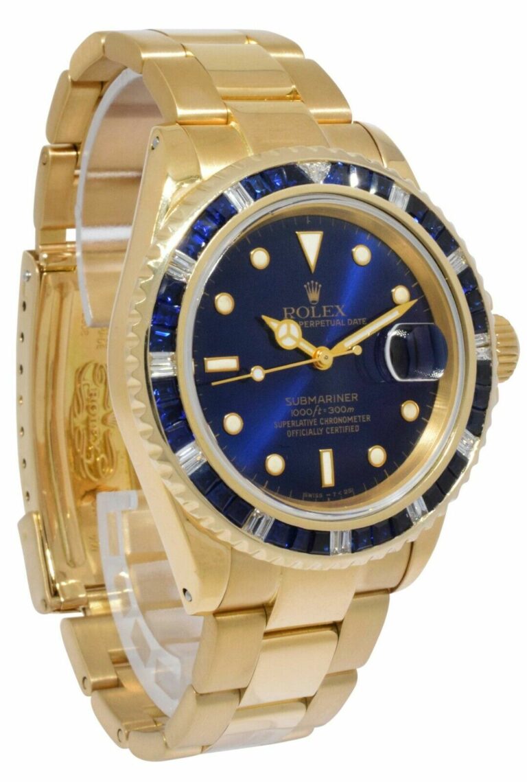 Rolex Submariner Date 18k Yellow Gold Blue Sapphire/Diamond 40mm Watch 16808