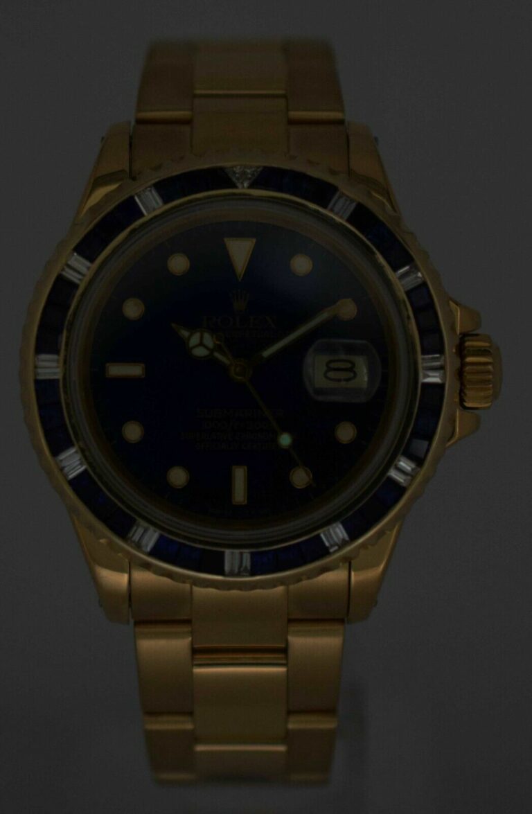 Rolex Submariner Date 18k Yellow Gold Blue Sapphire/Diamond 40mm Watch 16808