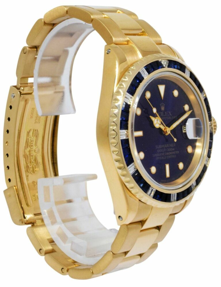 Rolex Submariner Date 18k Yellow Gold Blue Sapphire/Diamond 40mm Watch 16808