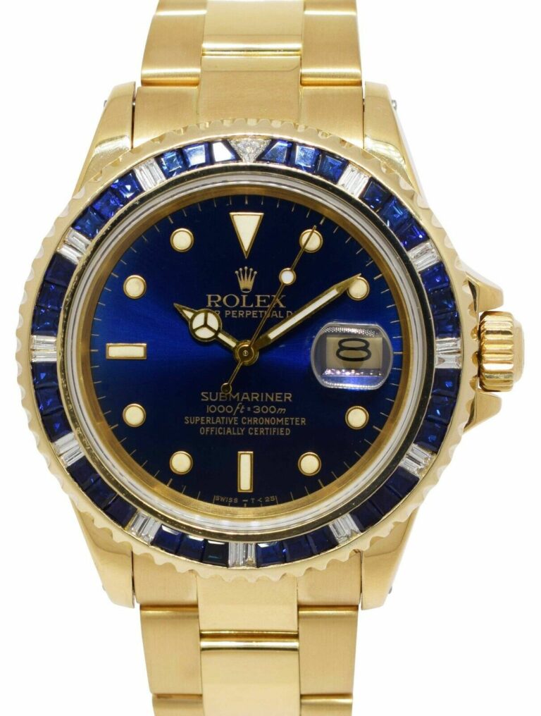 Rolex Submariner Date 18k Yellow Gold Blue Sapphire/Diamond 40mm Watch 16808